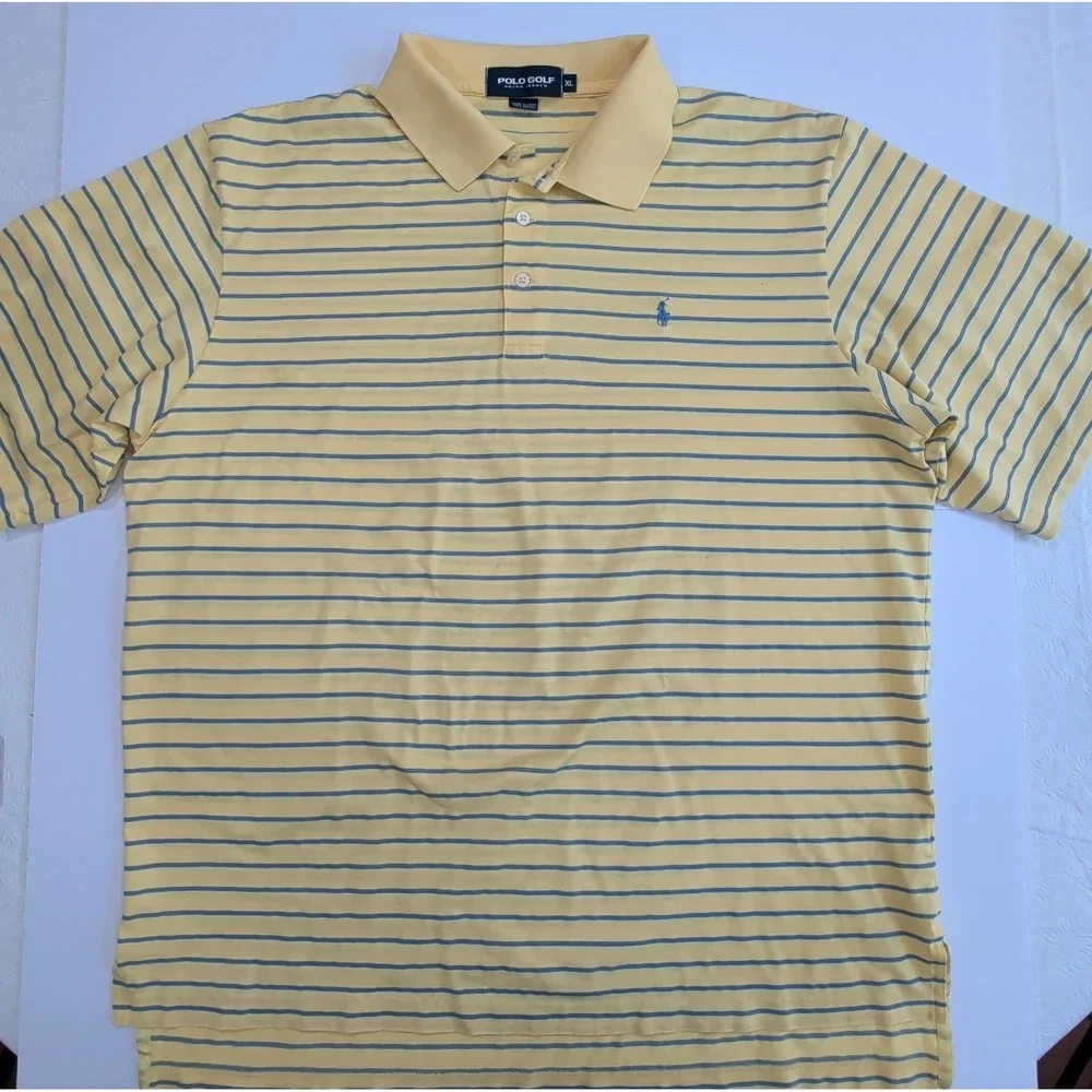 Ralph Lauren Polo Golf Shirt Men's XL Yellow Blue Striped Cotton Performance